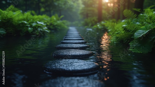 Serene stepping stones path in a lush forest stream after rain. photo