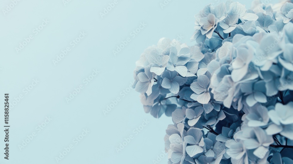 A gentle blue hydrangea on a soft sky blue background, close-up shot, Minimalist style A gentle blue hydrangea on a soft sky blue background, close-up shot, Minimalist style