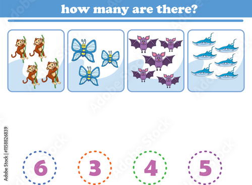 Counting game of wild animals for preschool kids. Printable. Vector Illustration