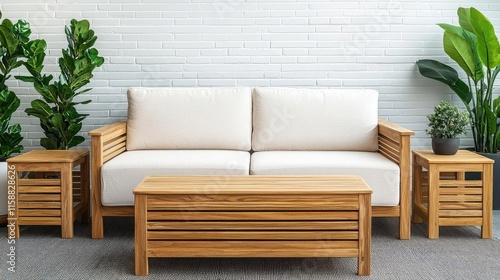 Stylish wooden furniture set in a modern living room, featuring a cozy couch, coffee table, and decorative plants for a serene atmosphere.