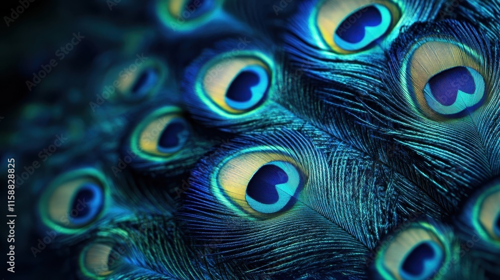 Obraz premium Close-Up of Vibrant Peacock Feathers Displaying Iridescent Eye Patterns in a Natural Setting