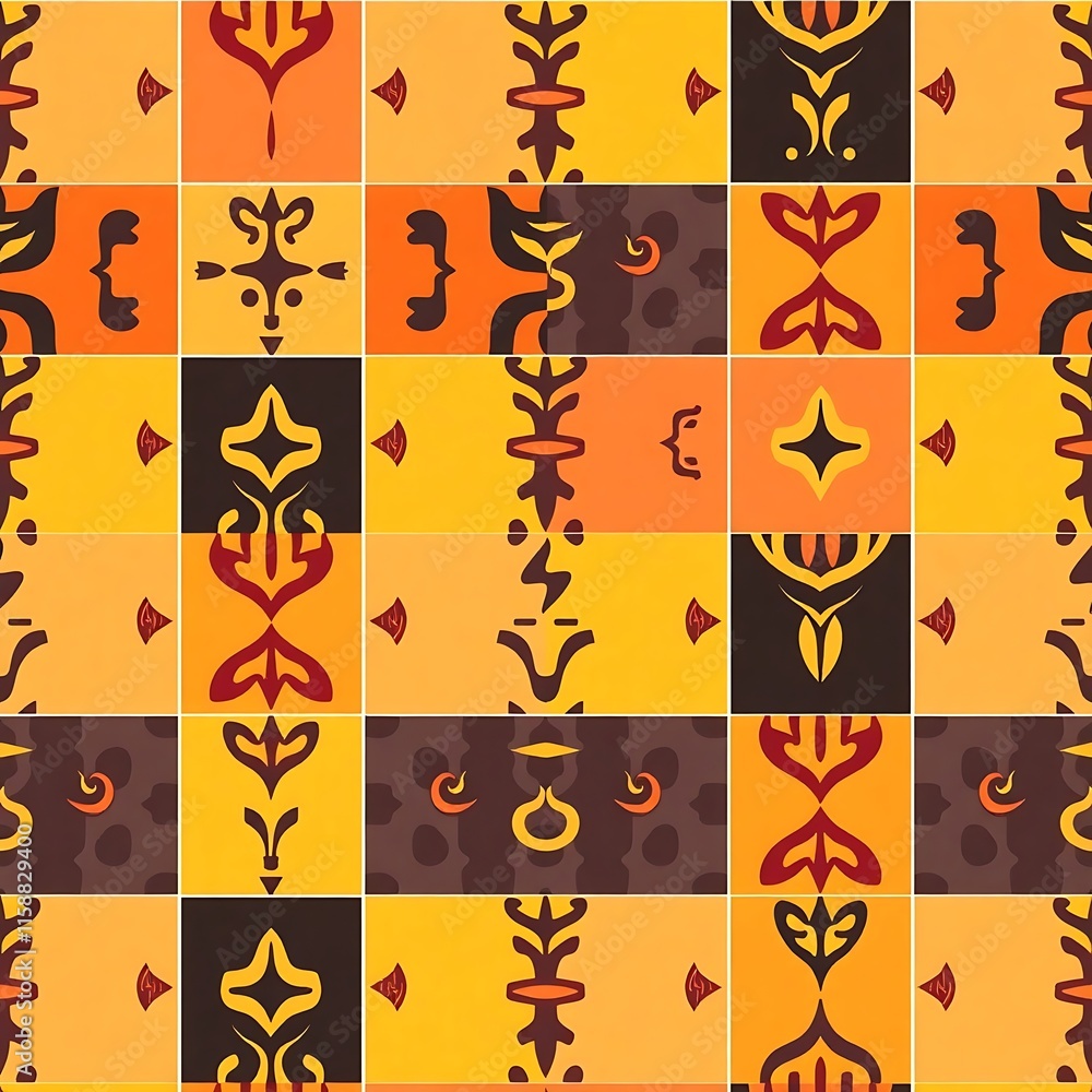 Vibrant Geometric Tile Pattern: A seamless pattern showcasing a captivating blend of bold geometric shapes and warm, earthy tones. Vibrant Geometric Tile Pattern: A seamless pattern showcasing a captivating blend of bold geometric shapes and warm, earthy tones.