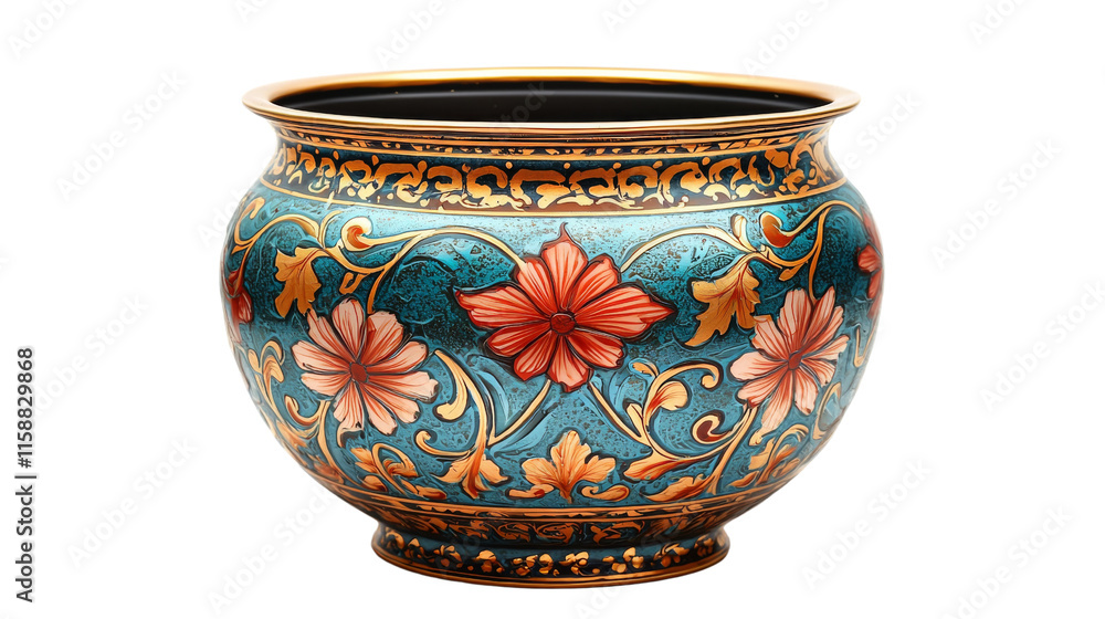 A beautifully crafted decorative vase featuring intricate floral designs in vibrant colors against a rich blue background. A beautifully crafted decorative vase featuring intricate floral designs in vibrant colors against a rich blue background.