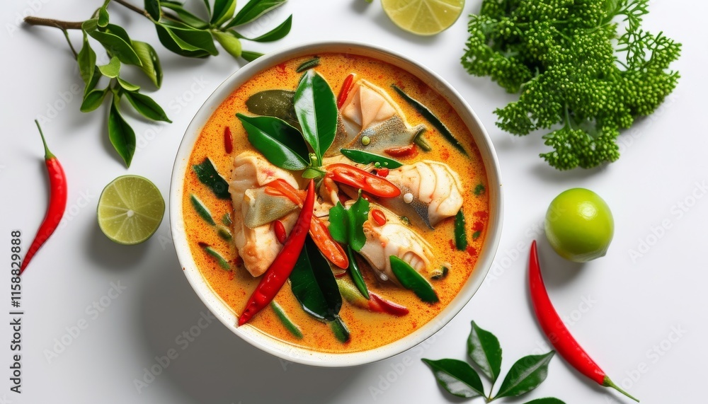 Vibrant Top View of Homemade Sour Curry with Fresh Ingredients and Garnishes Vibrant Top View of Homemade Sour Curry with Fresh Ingredients and Garnishes
