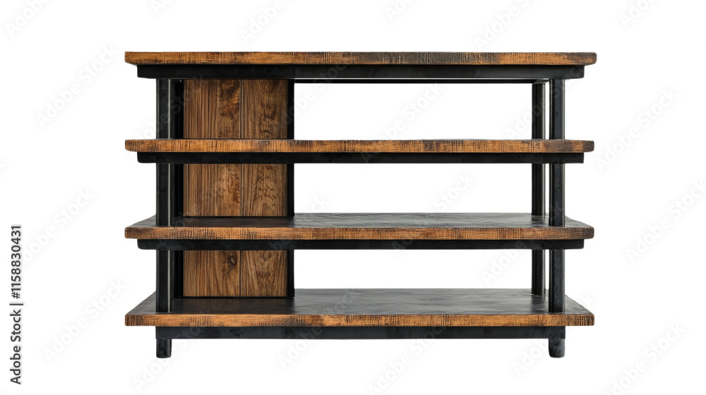 A modern, multi-tiered shelf featuring a mix of wood and metal, showcasing a rugged yet stylish design suitable for various decor styles. A modern, multi-tiered shelf featuring a mix of wood and metal, showcasing a rugged yet stylish design suitable for various decor styles.