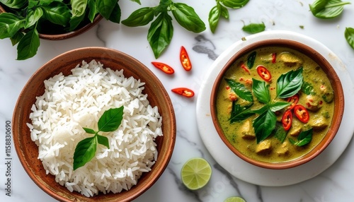 Delicious Green Curry with Rice and Fresh Basil on Marbled Background photo