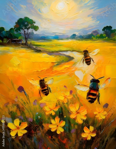 As the sun bathes the fields in warm hues in this time In the golden fields of mustard flowers bees are collecting honey in oil painting