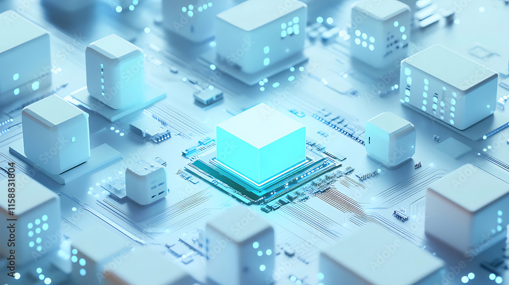 Abstract glowing cube on a futuristic circuit board. Abstract glowing cube on a futuristic circuit board.