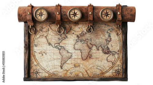 An antique world map featuring intricate details, complemented by three vintage compasses attached at the top. photo