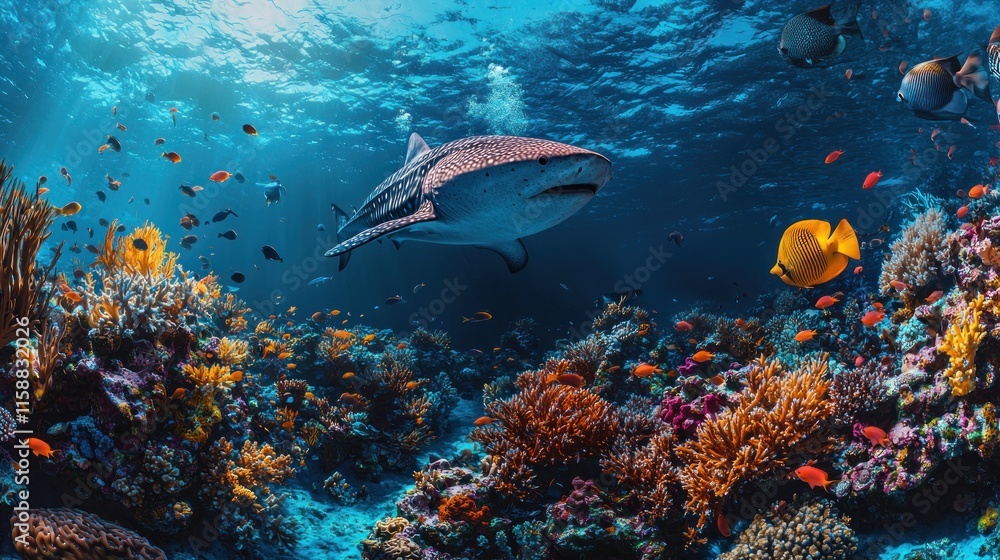 Fototapeta premium Tiger shark swimming over vibrant coral reef. (1)