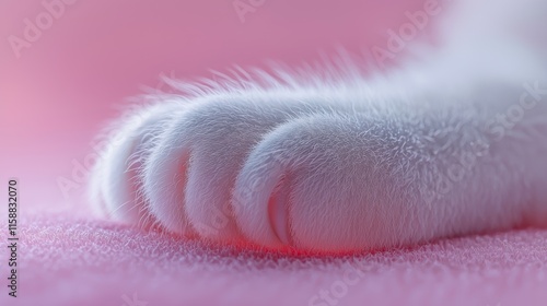 Close-up of a Fluffy White Cat Paw Resting on a Pink Surface