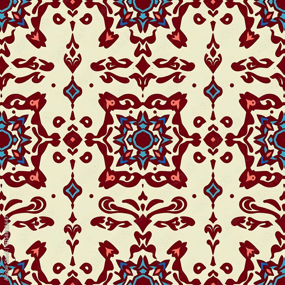 Crimson & Cream Tile Pattern: A captivating seamless pattern featuring intricate, hand-drawn designs in shades of crimson, cream, and teal. Perfect for textile design, wallpaper, or digital projects. Crimson & Cream Tile Pattern: A captivating seamless pattern featuring intricate, hand-drawn designs in shades of crimson, cream, and teal. Perfect for textile design, wallpaper, or digital projects.