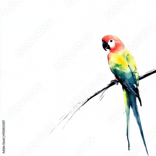 Bright parrot illustrated perched on a branch with ample copy space for design purposes. Generative AI photo