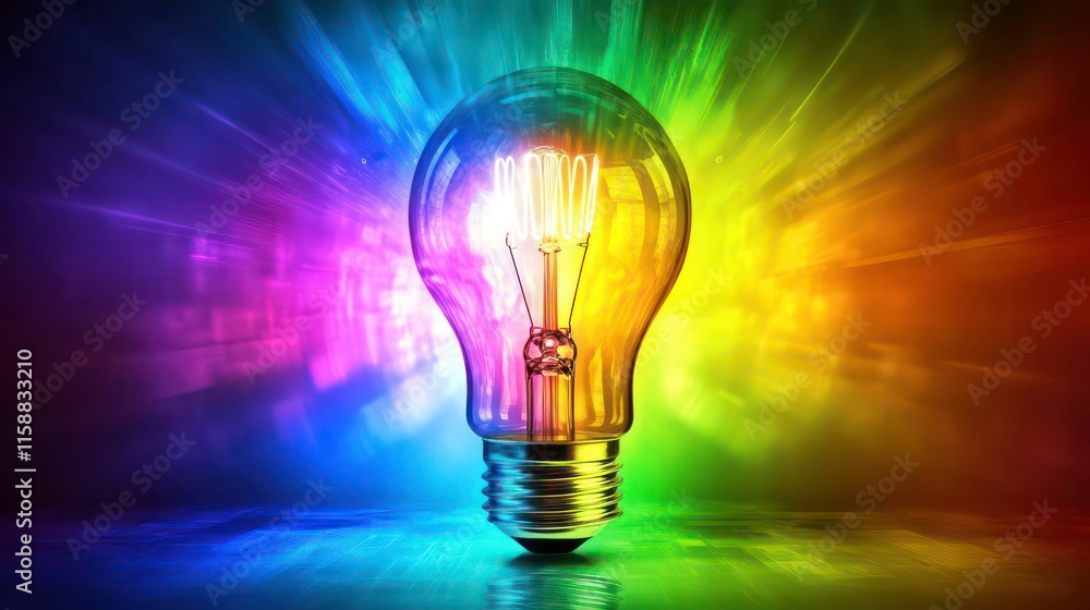 Illuminated lightbulb radiating vibrant rainbow colors, symbolizing innovation and inspiration. Illuminated lightbulb radiating vibrant rainbow colors, symbolizing innovation and inspiration.