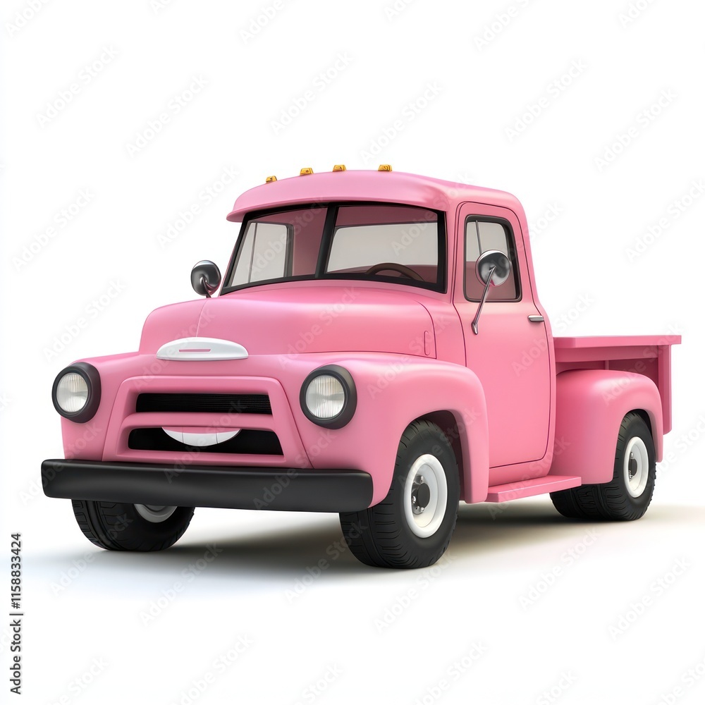 A happy pink pickup truck with a cheerful grin. vector style art 3d illustration Isolated on White Background A happy pink pickup truck with a cheerful grin. vector style art 3d illustration Isolated on White Background