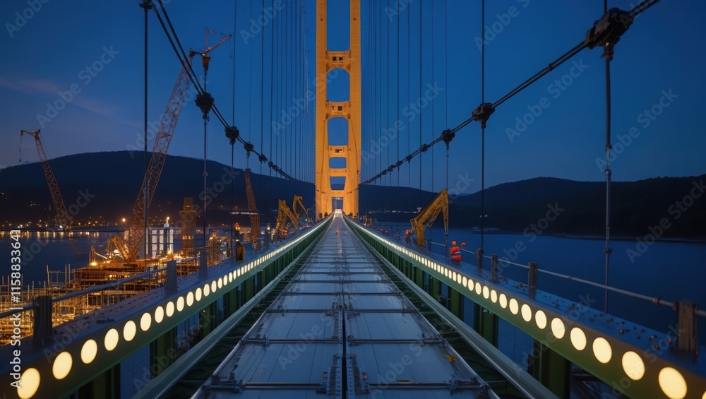 Fototapeta premium Illuminated bridge at dusk amidst construction sites