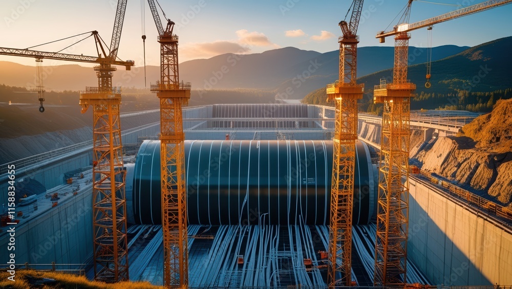 Naklejka premium Site of Large Hydraulic Structure at Sunset