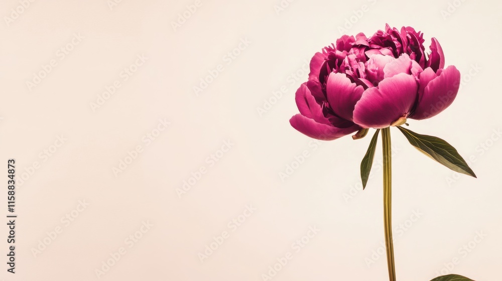 Fototapeta premium A lone rich magenta peony isolated against a light beige background, close-up shot, Minimalist style