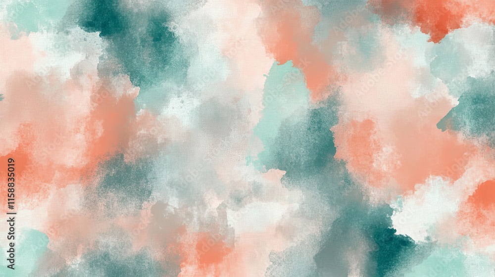 Fototapeta premium Abstract watercolor pattern, colorful splashes art, teal and coral brush strokes, artistic background print