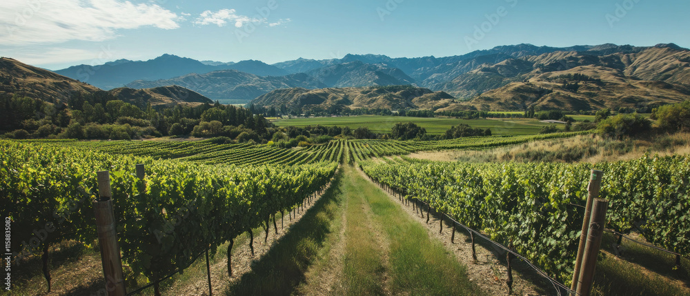 Naklejka premium Expansive vineyard landscape captured from above under clear blue skies