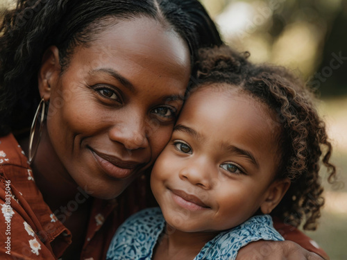 Preciosa madre negra abrazando a su pequeña hija
 photo