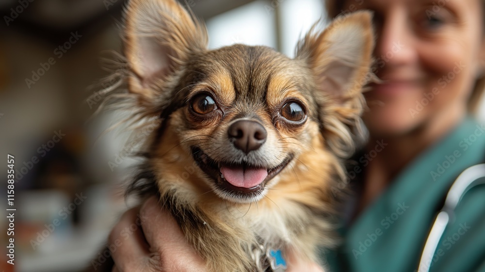 Happy chihuahua dog held by vet. Happy chihuahua dog held by vet.