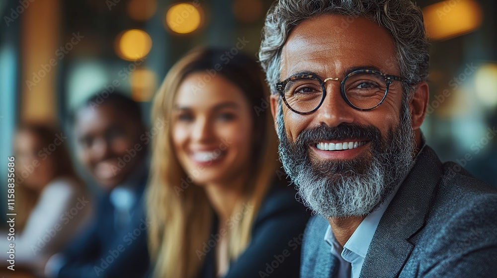 Happy diverse business team smiling, leader in focus. Happy diverse business team smiling, leader in focus.