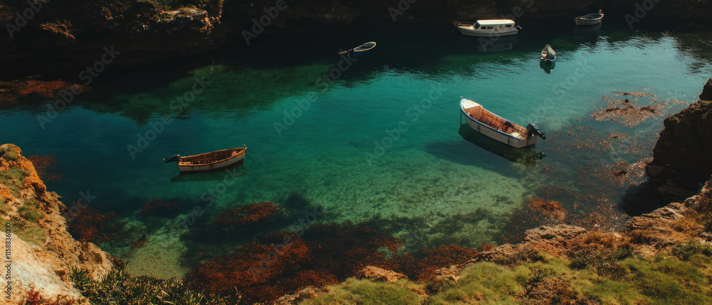 Serene bay surrounded by fishing boats under a clear sky Serene bay surrounded by fishing boats under a clear sky