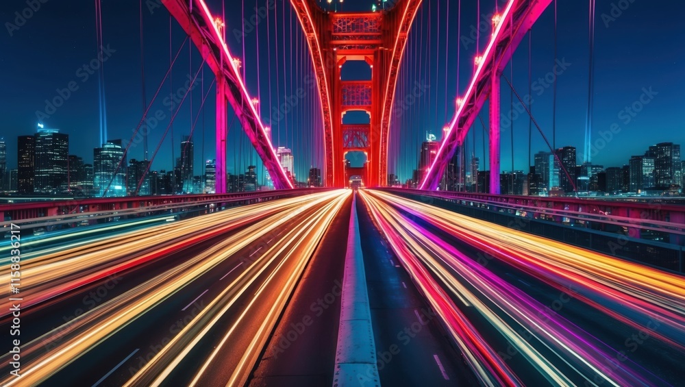 Fototapeta premium Illuminated Bridge in Dynamic Night Cityscape