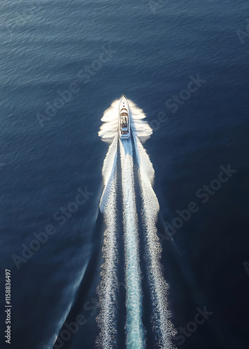 Aerial view of a luxury yacht speeding across a deep blue ocean, leaving a long wake. photo