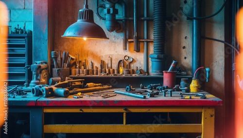 Cluttered Industrial Workbench with Tools photo