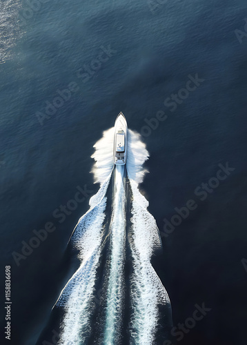 Aerial view of a luxury motorboat speeding across a deep blue ocean, leaving a long white wake. photo