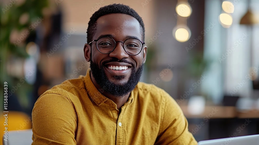 Happy smiling Black man in glasses, wearing a mustard yellow shirt, indoors. Happy smiling Black man in glasses, wearing a mustard yellow shirt, indoors.