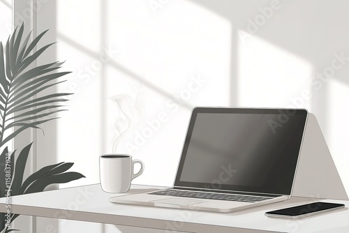 Wallpaper Mural clean vector-style illustration of workspace featuring laptop on light gray desk Torontodigital.ca