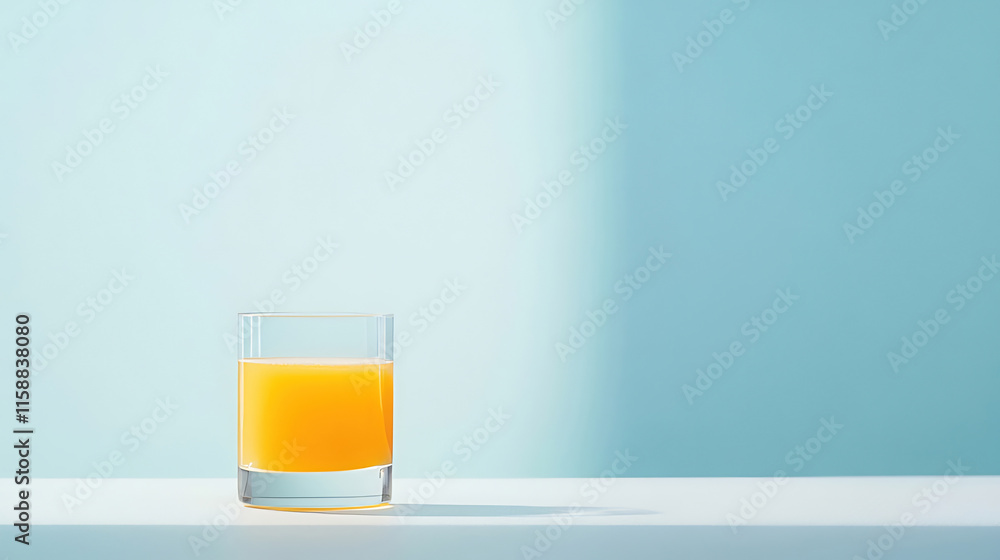 Glass of orange juice on white surface against a blue background. Glass of orange juice on white surface against a blue background.