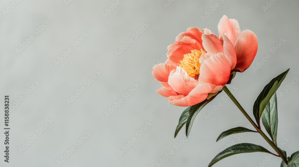 A lone vibrant coral peony isolated against a muted grey background, close-up shot, Minimalist style A lone vibrant coral peony isolated against a muted grey background, close-up shot, Minimalist style