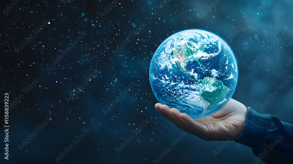Woman hand holding a glowing planet in the vastness of space during a serene cosmic moment. Galaxy background with copy space. Woman hand holding a glowing planet in the vastness of space during a serene cosmic moment. Galaxy background with copy space.