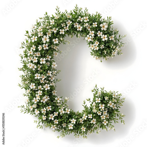 Realistic 3D Alphabet C with Green Grass and Small Flowers photo