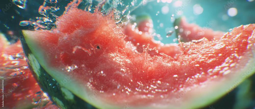 Macro shot of a juicy watermelon slice with refreshing splashes of water Macro shot of a juicy watermelon slice with refreshing splashes of water
