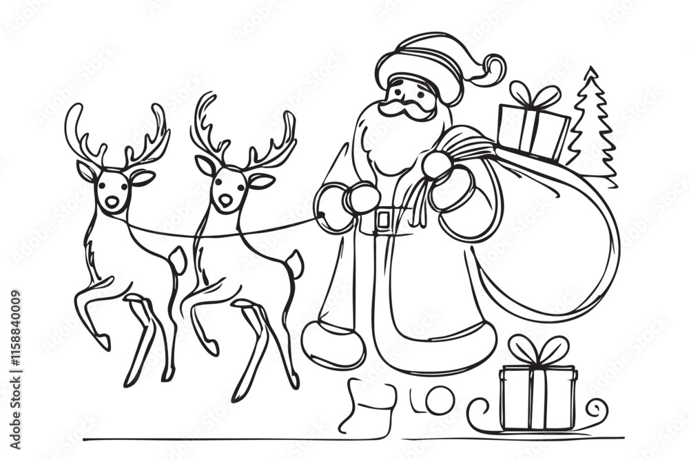 Obraz premium Continuous one line drawing of Santa Claus. Represents the joy and magic of Christmas. Hand drawn vector illustration for holiday greeting