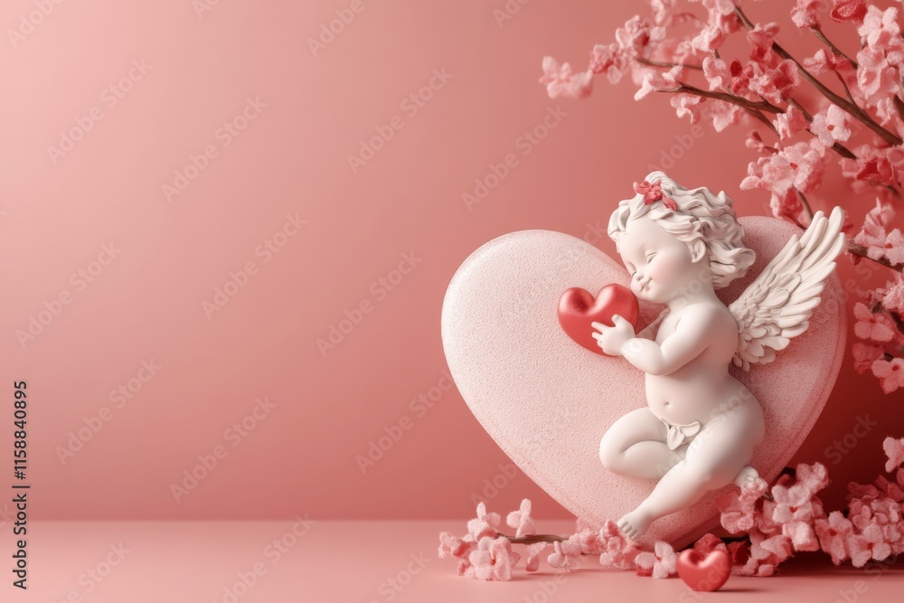 sculpture of white heart with Cupid figure and flowers on pink background, Valentine's Day concept sculpture of white heart with Cupid figure and flowers on pink background, Valentine's Day concept