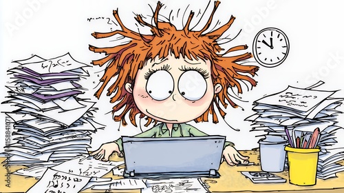 Overwhelmed Girl, Cartoon Illustration of a girl stressed by work and deadlines