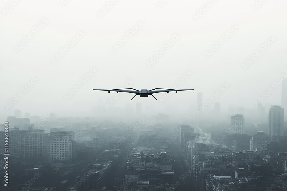 military drone flying high above desolate urban area its sleek structure contrasted by seamless light gray background military drone flying high above desolate urban area its sleek structure contrasted by seamless light gray background