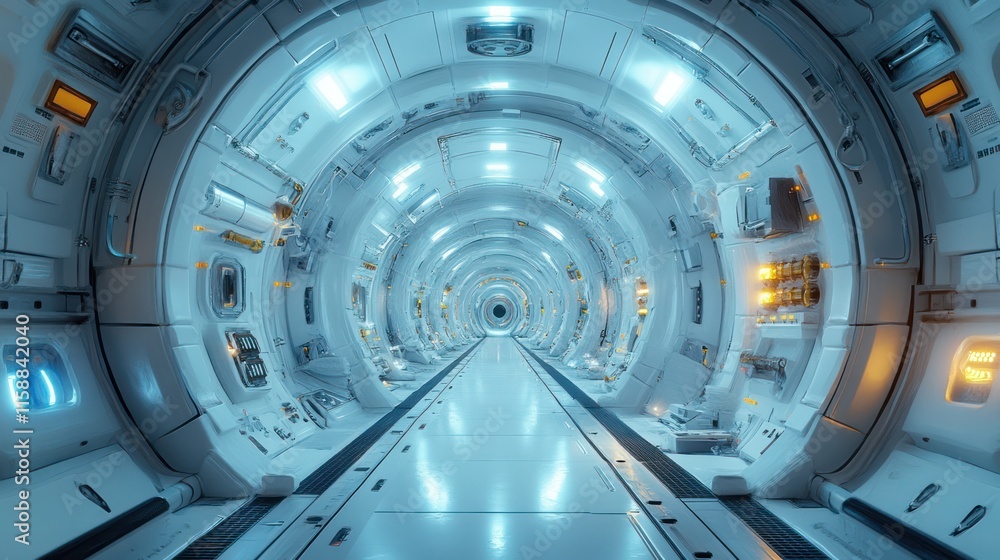 Fototapeta premium Futuristic spaceship corridor with glowing lights.