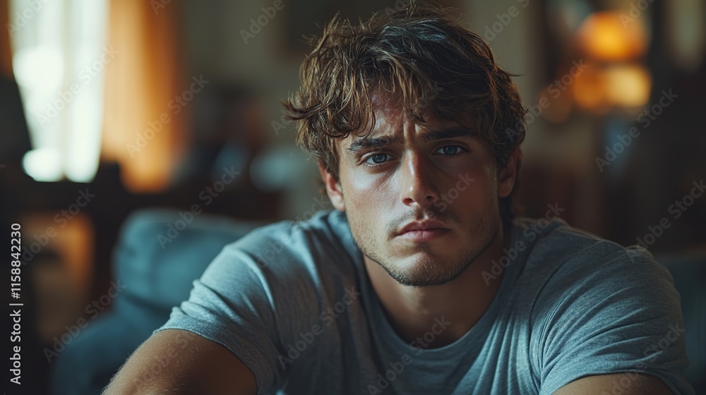 Close-up portrait of a young man with serious expression, sitting indoors. Close-up portrait of a young man with serious expression, sitting indoors.