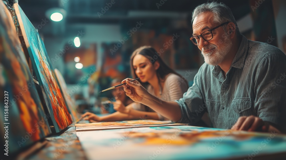 A diverse group of couples engaged in a Valentine's Day painting workshop, with vibrant canvases and brushes on a bright studio table A diverse group of couples engaged in a Valentine's Day painting workshop, with vibrant canvases and brushes on a bright studio table