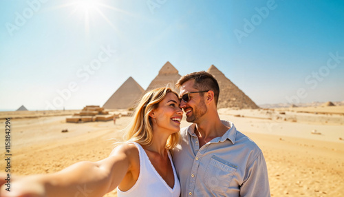 Smiling couple taking selfie at the pyramids