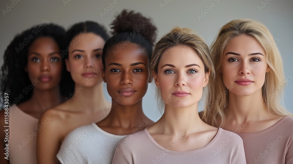 Obraz premium A diverse group of women standing in a line, celebrating International Women's Day with warm lighting and a minimalistic background