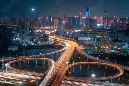 Minh City, Vietnam - April 28, 2023: View of colorful city light of Saigon by night from above. Drone photography of beautiful city