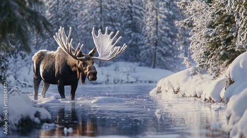 A charming scene of a moose wading through a snow-covered forest, its large antlers adorned with frost as it searches for food. photo